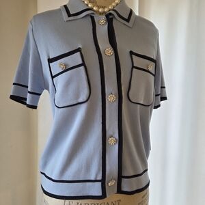 Elegant Blue Cardigan with Black Trim Crystal accent pocket